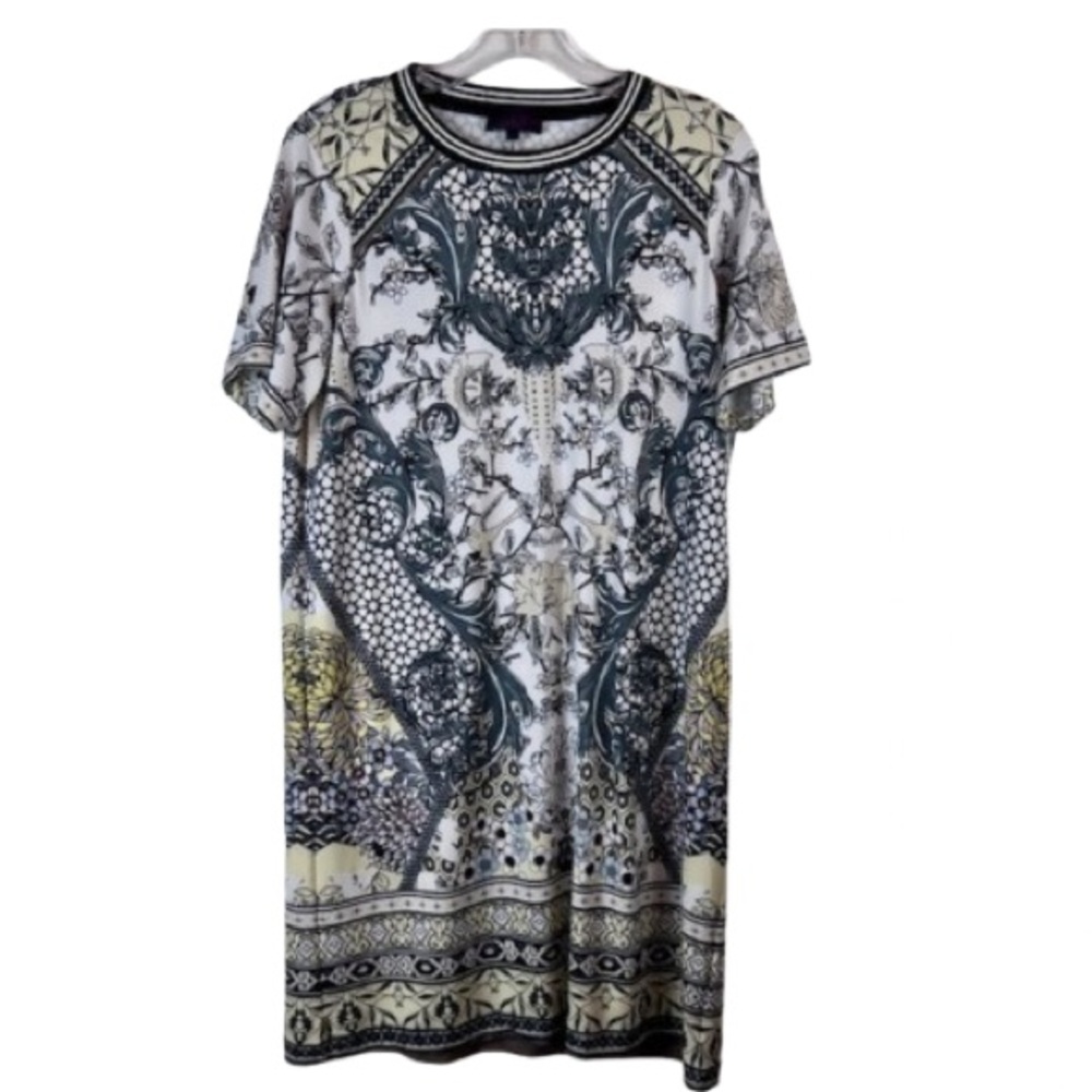 Hale Bob Printed Crewneck Dress Medium Geometric Boho Print, Stretchy B&W
